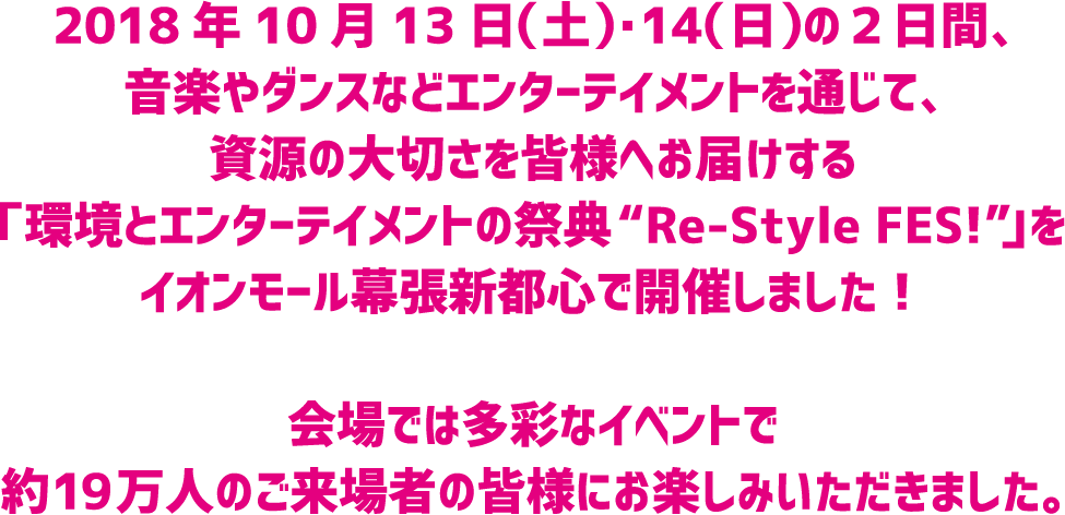 2018年10月13日(土)・14(日)の2日間、 音楽やダンスなどエンターテイメントを通じて、 資源の大切さを皆様へお届けす