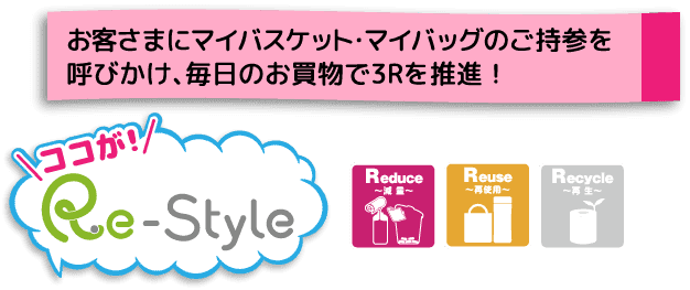 お客さまにマイバスケット・マイバッグのご持参を呼びかけ、毎日のお買物で3Rを推進！