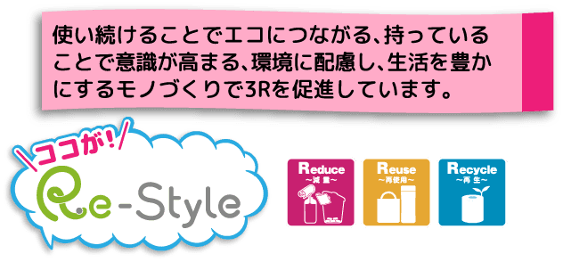 使い続けることでエコにつながる、持っていることで意識が高まる、環境に配慮し、生活を豊かにするモノづくりで3Rを促進しています。